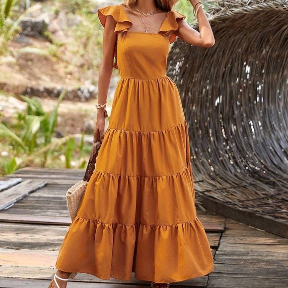 Mustard Yellow Casual Womens Ruffle Trim Layered Hem Dress - Picture 5 of 5